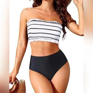 NWOT Yonique 2 Piece Bandeau Ruffle Off Shoulder High Waisted Swimsuit, S (4-6)